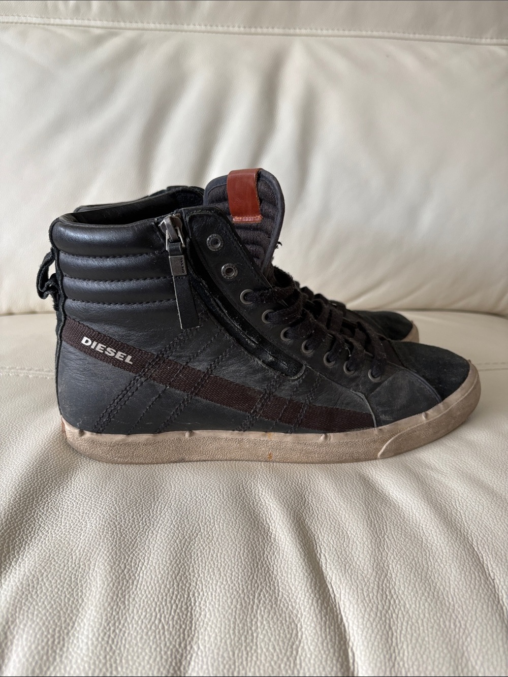 Diesel Black High-Top Sneakers with Brown Tongue Accent